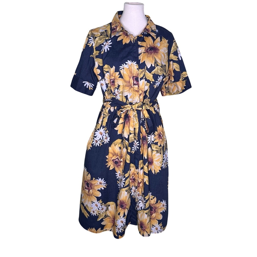 J Jason Wu Navy Sunflower Floral Shirt Dress XLP Petite Yellow Daisy Belted Midi